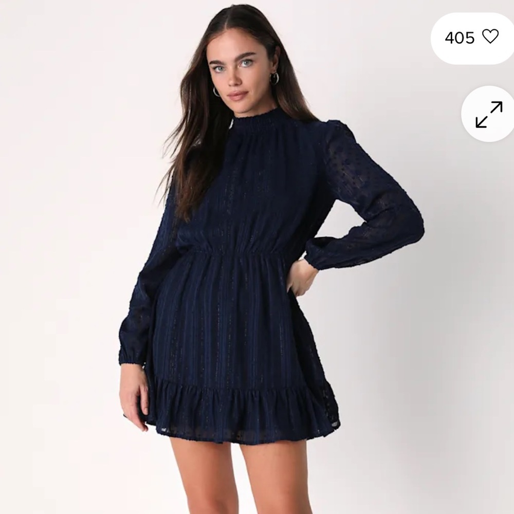 Lulus XS Navy Blue Lurex Long Sleeve Mini Dress